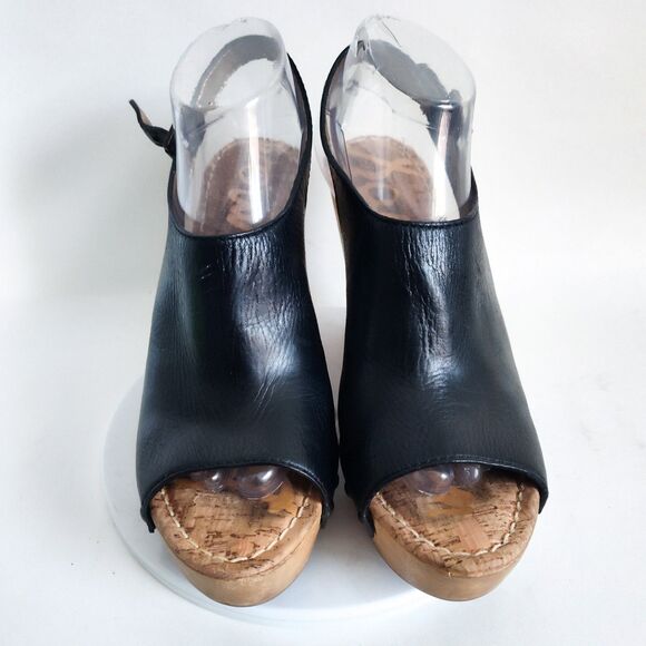 Sam Edelman Camilla Black Leather Wooden Wedge Platform Slingback Sandals 10 - Picture 6 of 10